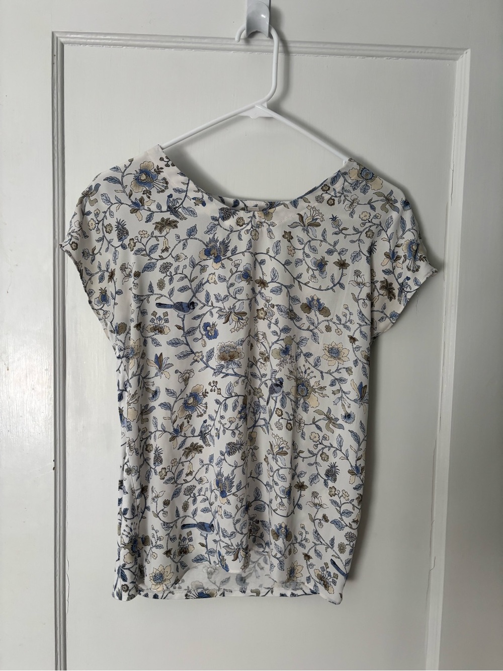 LOFT Cream Floral Scoop Neck Blouse with Blue & Tan Accents